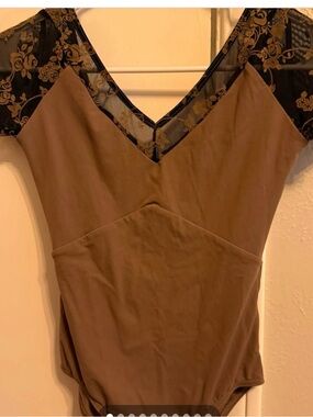 Nikolay leotard, small, brown with black lace trim, EUC